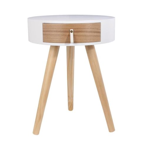 Table De Chevet Ronde En Bois Avec Tiroir - Nora - D 34,5 X 47 Cm - Blanc