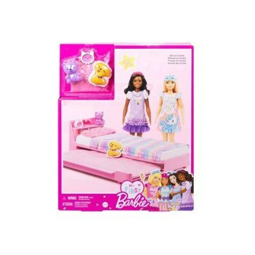 Barbie Ma Premiere Poupee - Coffret Dodo, Soiree Pyjama - Mobilier Lit Rose, Chambre - Set Accessoires Maison Et Carte