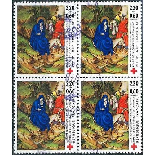 France 1987, Beau Bloc 4 Timbres Yvert 2498, Au Profit De La Croix Rouge, Retable De La Chartreuse De Champmol, La Fuite En Égypte, Oblitéré, Tbe -