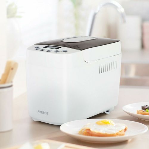 AREBOS Machine à pain 1500 g | avec 15 programmes | 2 crochets de pétrissage | Minuteur | Écran LCD | 3 niveaux de brunissage et tailles de pain | 850 W | Blanc
