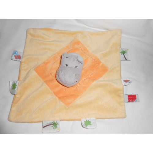 Doudou Hippopotame Influx Cora Plat Carre Jaune Orange Etiquette Palmier Vert Cadeau Bleu