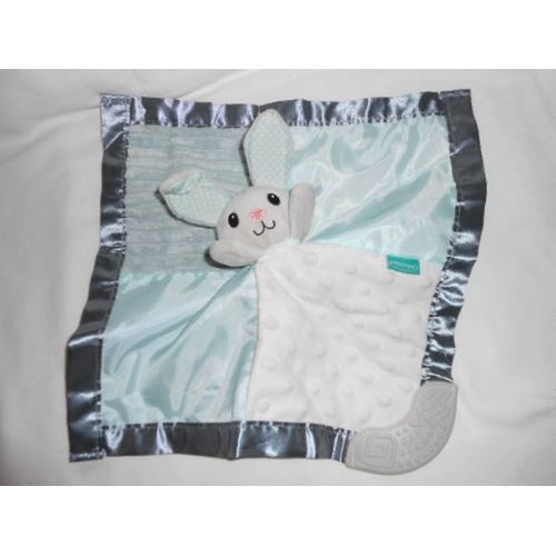 Doudou Lapin Bleu Vert Gris Blanc Infantino Anneau De Dentition Plat Carre Bruit Papier Oreille Mouchoir Multi Matiere