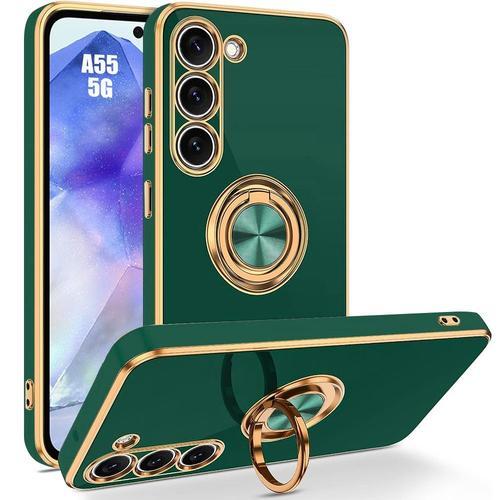 Coque Pour Samsung Galaxy A55 5g, Vert Nuit, Protection Antichoc En Silicone Avec Support De Bague Rotatif - E.F.Connection