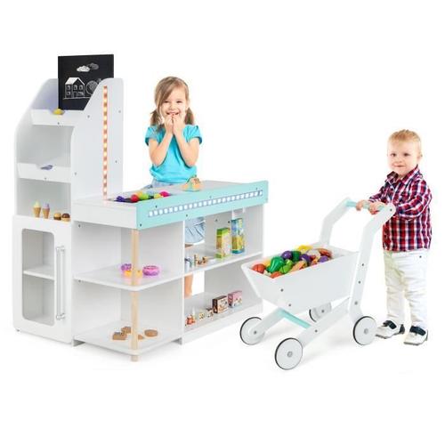 Costway Marchande / Épicerie Pour Enfants 3 Ans+, 39 Accessoires Avec Lumières Led, Chariot De Courses Et Tableau Noir