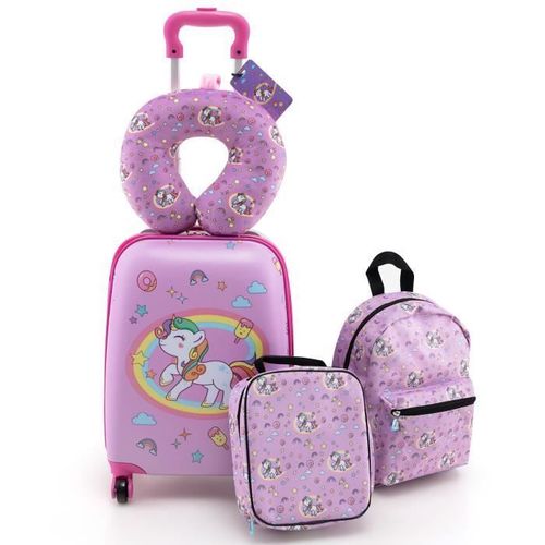 COSTWAY 5 PCS Valise Enfant 16 + Sac à dos 12 , Oreiller Cervical, Etiquette, Sac à Déjeuner, Voyages en Avion, Licorne