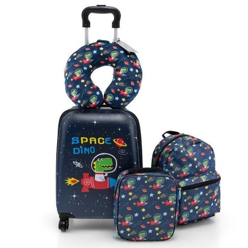 COSTWAY 5 PCS Valise Enfant 16 + Sac à dos 12 , Oreiller Cervical, Etiquette, Sac à Déjeuner, Voyages en Avion, Astronaute