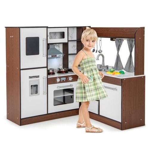 Costway Cuisine Enfant En Bois Pour 3 Ans+ - 18 Accessoires Avec Lumière, Son Et Système De Circulation D'eau Marron