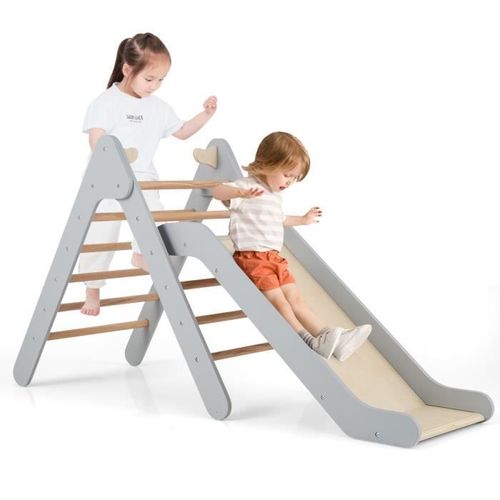 Costway Toboggan Enfant 2 En 1 Avec Triangle D'escalade En Bois Massif, Pente De Toboggan Réglable, Pour 1 An +, Charge 60 Kg Gris