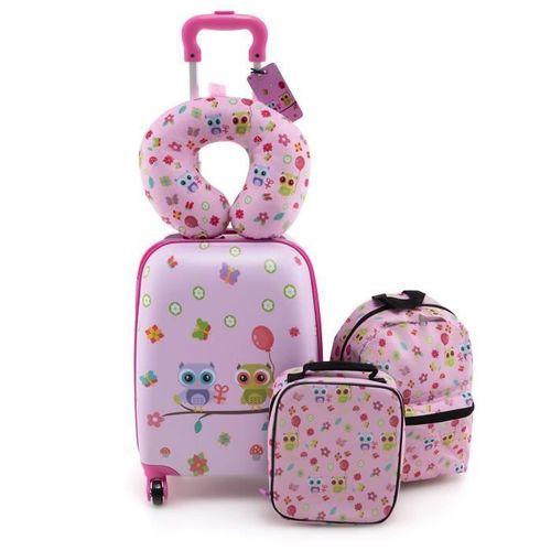 COSTWAY 5 PCS Valise Enfant 16 + Sac à dos 12 , Oreiller Cervical, Etiquette, Sac à Déjeuner, Voyages en Avion, Hibou