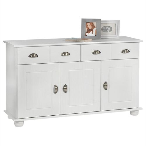 Buffet Colmar Commode Bahut Vaisselier Meuble Bas Rangement Avec 2 Tiroirs Et 3 Portes, En Pin Massif Lasuré Blanc