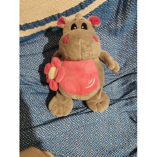 Doudou Peluche Hippopotame Gris Rose Blanc Fleurs Billes Sandy