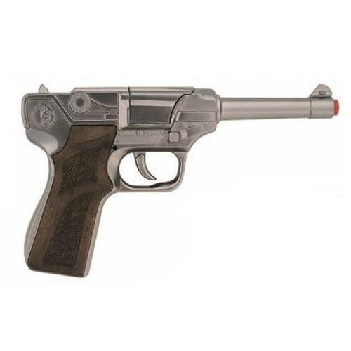 Pistolet Police Enfant Metal Gris 19,5 Cm - Necessite Amorce 8 Coups - Jeu D Imitation, Accessoire Policier