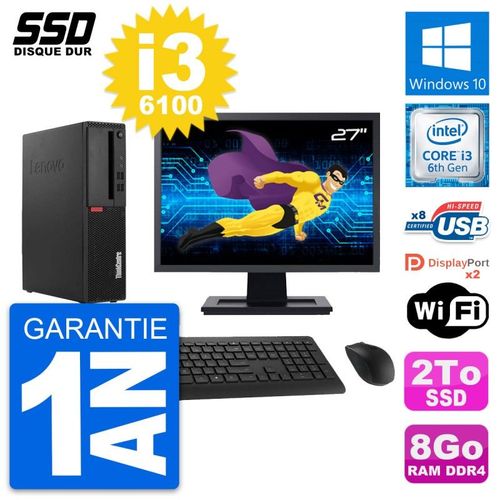 PC Lenovo M910s SFF Ecran 27" Intel Core i3-6100 RAM 8Go SSD 2To Windows 10 Wifi