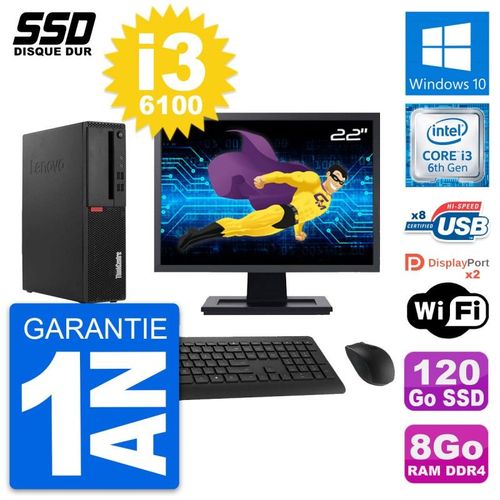 PC Lenovo M910s SFF Ecran 22" Intel i3-6100 RAM 8Go SSD 120Go Windows 10 Wifi