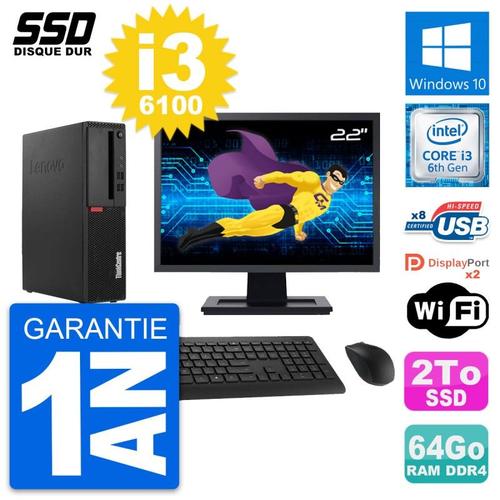 PC Lenovo M910s SFF Ecran 22" Intel i3-6100 RAM 64Go SSD 2To Windows 10 Wifi