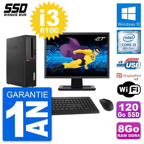 PC Lenovo M910s SFF Ecran 27" Intel i3-6100 RAM 8Go SSD 120Go Windows 10 Wifi