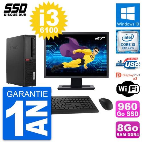 PC Lenovo M910s SFF Ecran 27" Intel i3-6100 RAM 8Go SSD 960Go Windows 10 Wifi