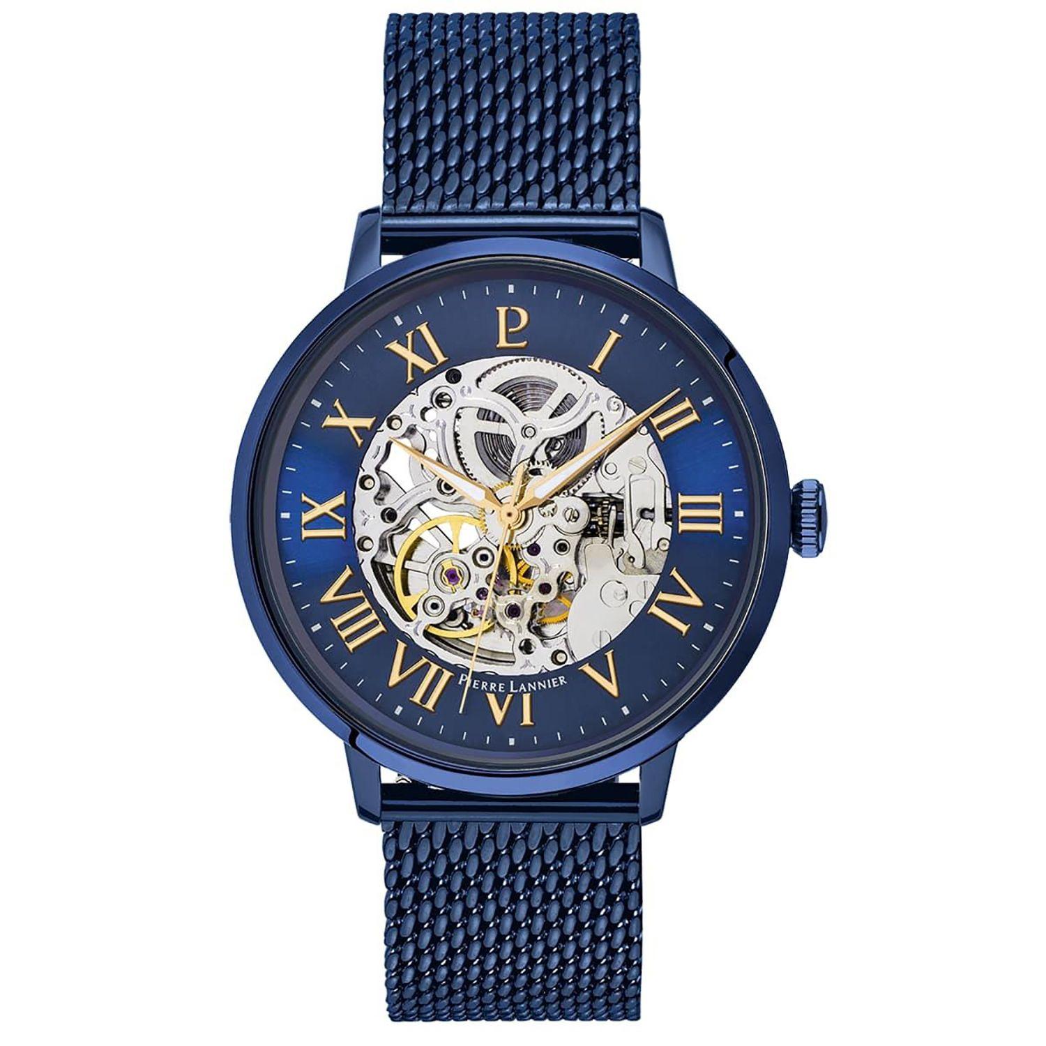 Montre Pierre Lannier automatique squelette acier milanais bleu