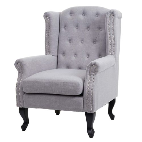 Fauteuil De Luxe Chesterfield, Fauteuil À Oreilles, Tissu Hydrofuge   Gris Sans Ottomane