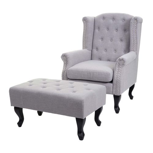 Fauteuil De Luxe Chesterfield, Fauteuil À Oreilles, Tissu Hydrofuge   Gris Avec Ottomane