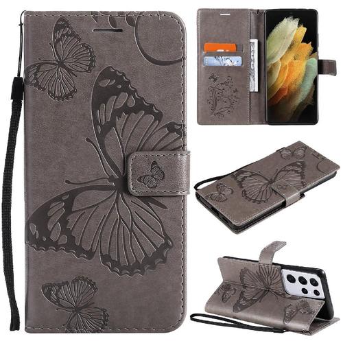 Étui Pour Samsung Galaxy S21 Ultra Flip Kickband Couverture Antichoc Couverture Magnétique Avec Support De Fente Pour Carte Cuir Pu - Gris Clair