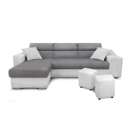 Canapé D'angle Elona Convertible En Microfibre Et Simili Avec Poufs - Blanc / Gris, Position Du Rangement Poufs - Droit