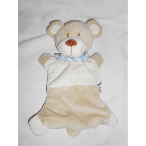 Doudou Ours Marionnette Beige Creme Ecru Echarpe Foulard Bandana Bleu Blanc Raye Pommette Intermarche
