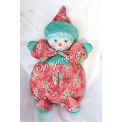 Peluche Poupée Clown Doudou Christine Et Cécile Rouge Et Vert Fleurs Musical Vintage Mundia