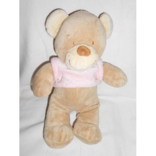 Peluche Doudou Ours Beige 28cm Ecru Creme Truffe Marron Chocolat Tee Shirt Pull Rose Pommette Intermarche 11174