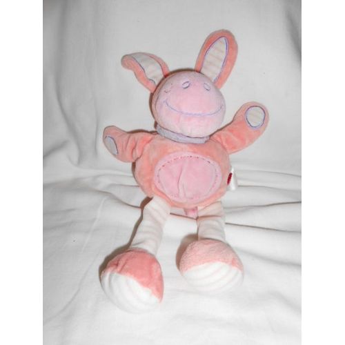 Ane Doudou Tex Baby Cheval Lapin Rose Raye Peluche Carrefour De 30 Cms + Oreilles De 7 Cms Echarpe Foulard Bandana Mauve Lilas Parme