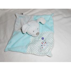 Doudou Plat Chien Bleu Vichy carreaux blanc Bleu vert Tex Baby