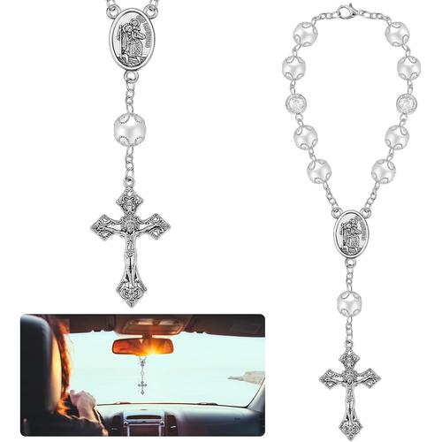 1 Chapelet de Voiture pour Rétroviseur avec Saint Christophe et Crucifix, Argent, Cadeau pour Conducteur Chapelet pour Pare-Soleil Rétroviseur Intérieur Talisman pour la Chance en Voyage