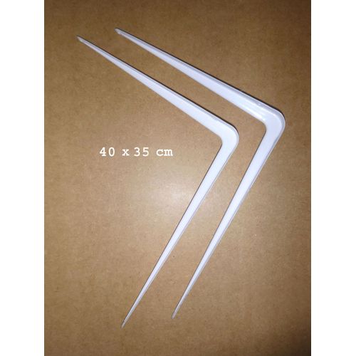 Lot de 2 grandes consoles équerres embouties 35x40 cm en métal tôle acier finition époxy blanc, pour étagères de rangement. - Réf. 3221688021355 - Largeur à l'angle 5 cm, à l'extrémité 2 cm