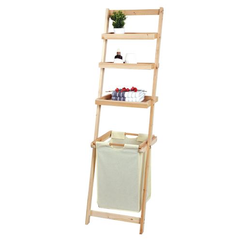 SoBuy® FRG160-N Étagère Murale Style échelle pour Salle de Bain avec 1 Panier à Linge Amovible et 3 Niveaux de Rangement
