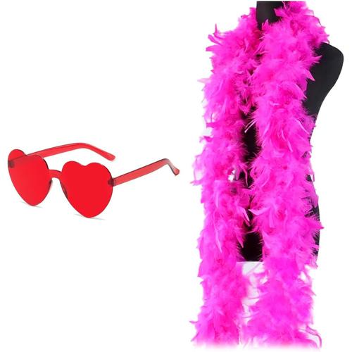 200cm Boa En Plumes Colorées,Boas De Plumes De Déguisement,Feather Boa Pour Femme Pour Danse, Mariage, Fête, Cosplay, Halloween, Avec Lunettes De Soleil Sans Monture En Forme De C?ur