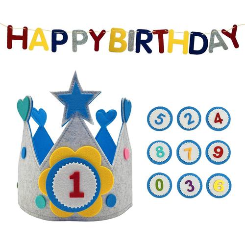 ® Bonnet D'anniversaire En Feutre Pour Enfants Avec Nombre De C?Urs Bleu Réglable Velcro Avec Drapeau Et Sac De Rangement Chiffres Réutilisables 0-9, Bleu, L