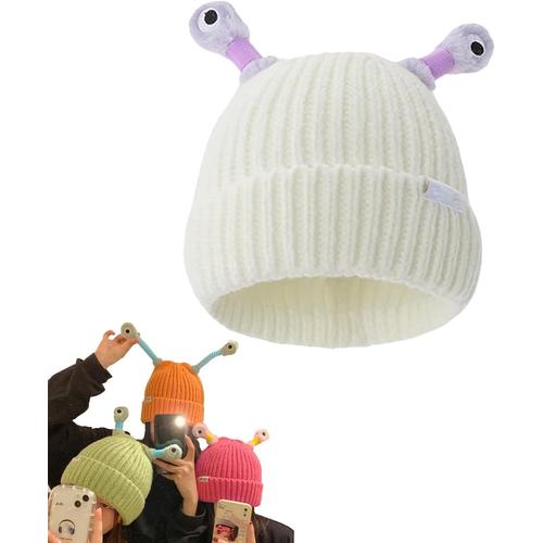 ® Bonnet LED amusant pour enfant avec antenne évolutive et éclairée, mignon bonnet en tricot, bonnet monstre amusant avec lumière, bonnet d'hiver pour enfants et adultes (blanc), Blanc., Large