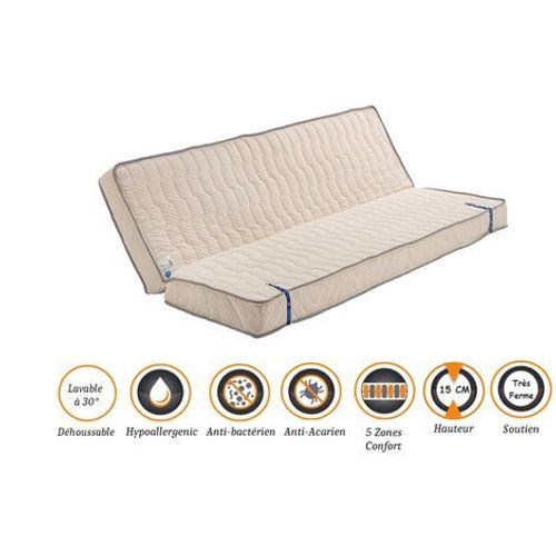 Matelas Très Ferme Pour Clic Clac + Alèse 120x190 X 15 Cm - Dim Assise 60 Cm - Déhoussable Housse Lavable - 5 Zones De Confort - Ame Poli Lattex Haute Résilience - Hypoallergénique