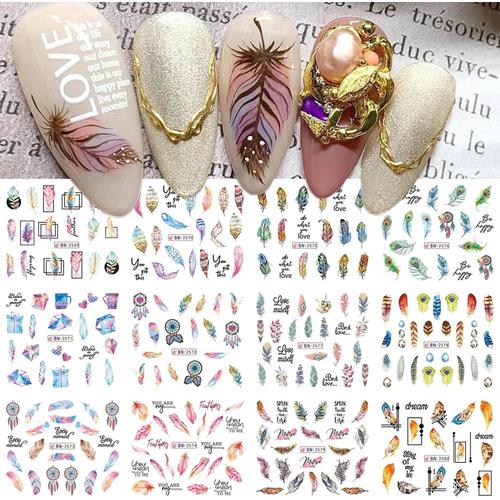 ® Lot De 12 Feuilles D'autocollants En Forme De Plume Pour Nail Art, Strass, Motifs Texte Pour Décoration D'ongles Pour Femmes, Accessoires Et Décoration (Couleur) 