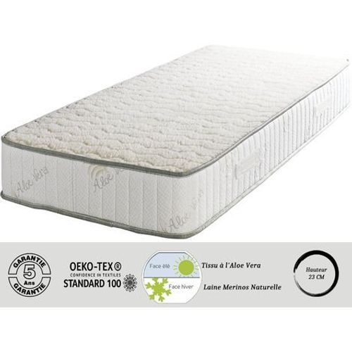 Matelas Super + Alèse 140x190 X 23 Cm - Très Ferme - Face Hiver Pure Laine Merinos - Noyau Poli Lattex Hr Dernière Génération - Très Respirant
