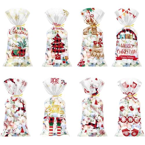 Sacs Cadeaux De Noël, 120 PCS Bonbons Noël Pochette Sachet Transparent Chocolat Biscuit Sacs de Cadeaux, Sachets de Plastique 120 pcs Cravates Torsadées pour Fête de Noël