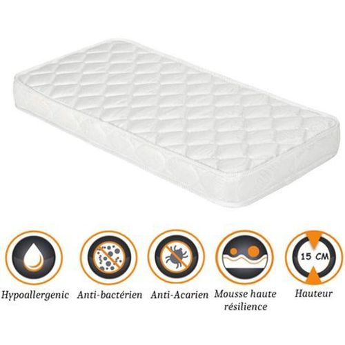 Matelas Pour Bébé 70x140 Cm Hauteur 15 Cm Hyppoallergénique - Anti-Acariens - Tissu Coton - Mousse Haute Résilience 33 Kg/M3