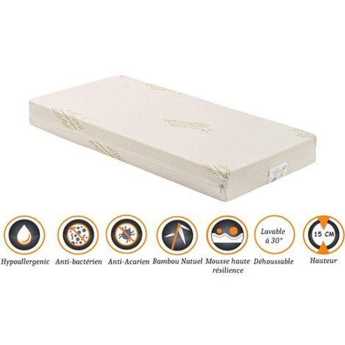 Matelas Pour Bébé 70x140 Cm Hauteur 15 Cm Déhoussable Housse Lavable À 30° - Tissu Avec Bambou Naturel - Hyppoallergénique - Anti-Acariens - Mousse Densité 30 Kg/M3