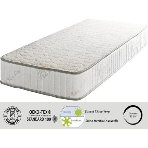 Matelas Super 90x200 X 23 Cm + Oreiller Visco + Alèse - Très Ferme - Face Hiver Pure Laine Merinos - Noyau Poli Lattex Hr Dernière Génération - Très Respirant