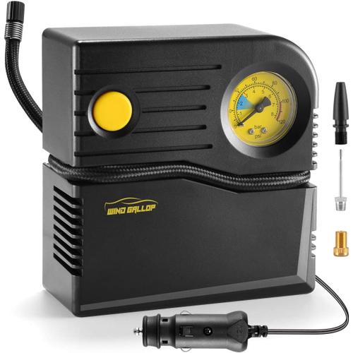 Jaune Gonfleur Pneus Voiture 12v Mini Compresseur À Air Portable Gonfleur Analogique Pompe De Pneu De Voiture Allume Cigare Electrique Pompe A Velo Avec Manomètre Et Adaptateurs De Valve(Jaune)