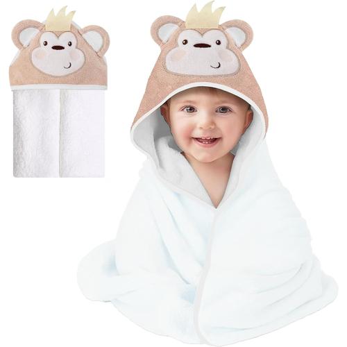 Singe Serviette Pour Bébé Avec Capuche - 100 % Coton Ultra Douce Et Absorbante (84 X 84 Cm) - Grande Serviette De Bain Pour Nouveau-Né Et Nourrisson - Serviette De Bain Pour Garçons Et