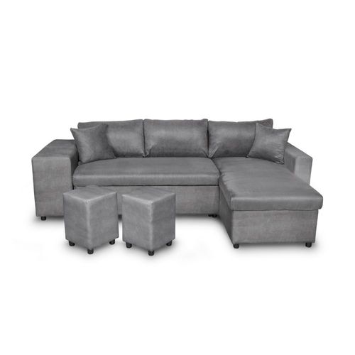 Canapé D'angle Oslo Convertible Avec Coffre Et Poufs En Microfibre - Gris, Position Du Rangement Poufs - Gauche