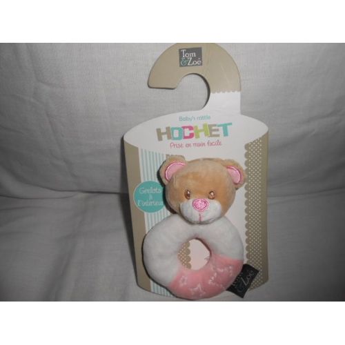 Doudou Hochet Grelot Ourson Rose Et Blanc Tom Et Zoé 335728 Cmp Anneau Ours