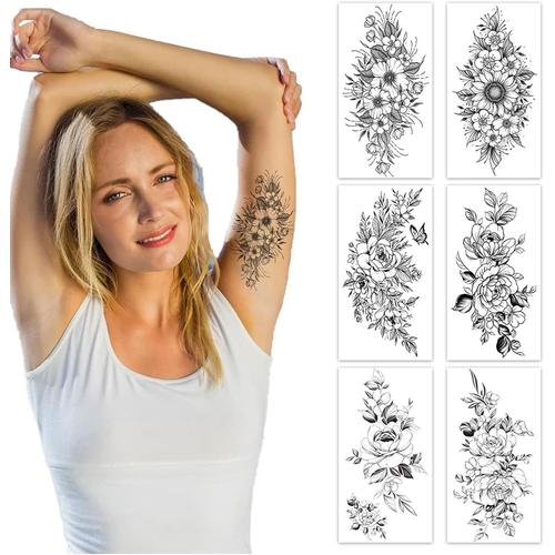 Temporaire Tatouages, Tatouage Autocollants, Fleurs Noires Tatouage Ephemere 6 Feuilles, Faux Tatouages, Tatouage Temporaire Imperméable Pour Adultes Hommes Et Femmes, Pour Cou Bras Mains 