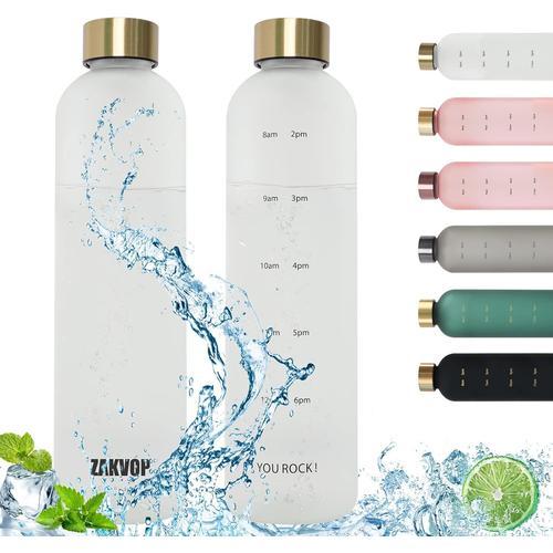 Bouteille D'eau Gourde Sport 1litre Avec Indication Du Temps, Sans Bpa Pour Sport, ¿¿Tanche & R¿¿Utilisable, Camping, Randonn¿¿E, Blanc